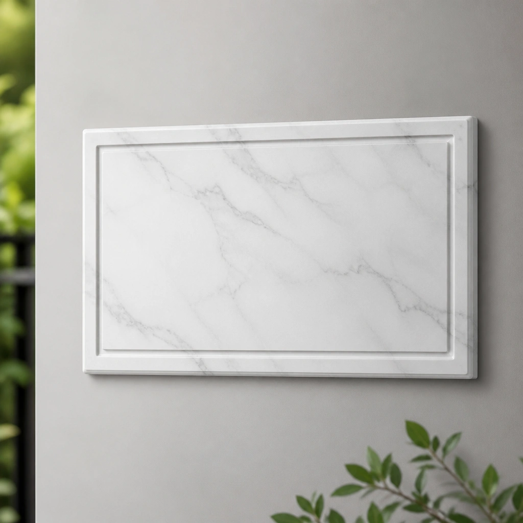 A marble-look white composite name plate with gray veining and dark engraved letters, mounted on a light gray wall.