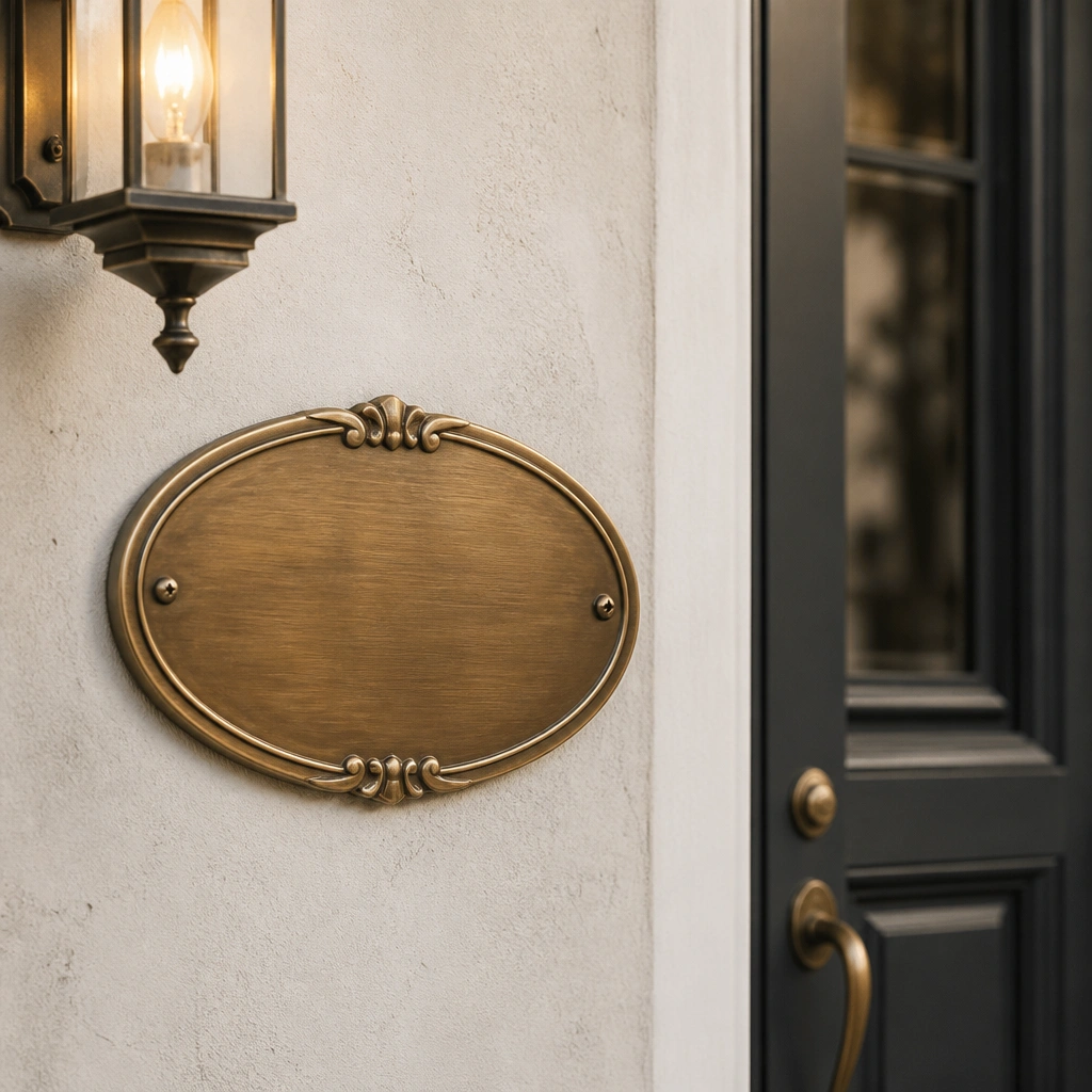 An oval antique brass plate with curved script lettering, mounted beside a door with a vintage-style light fixture.