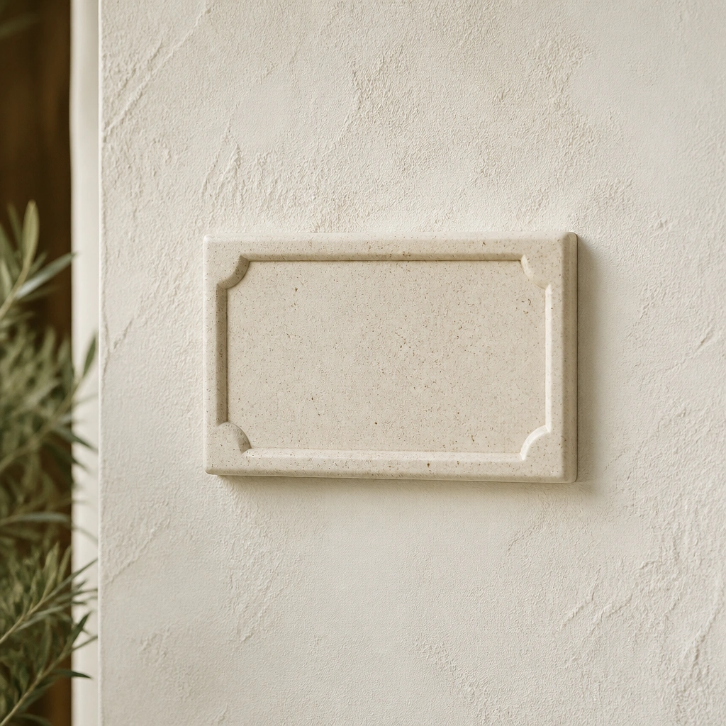 A matte speckled stoneware name plate in warm off-white with carved letters, mounted on a textured plaster-like wall.