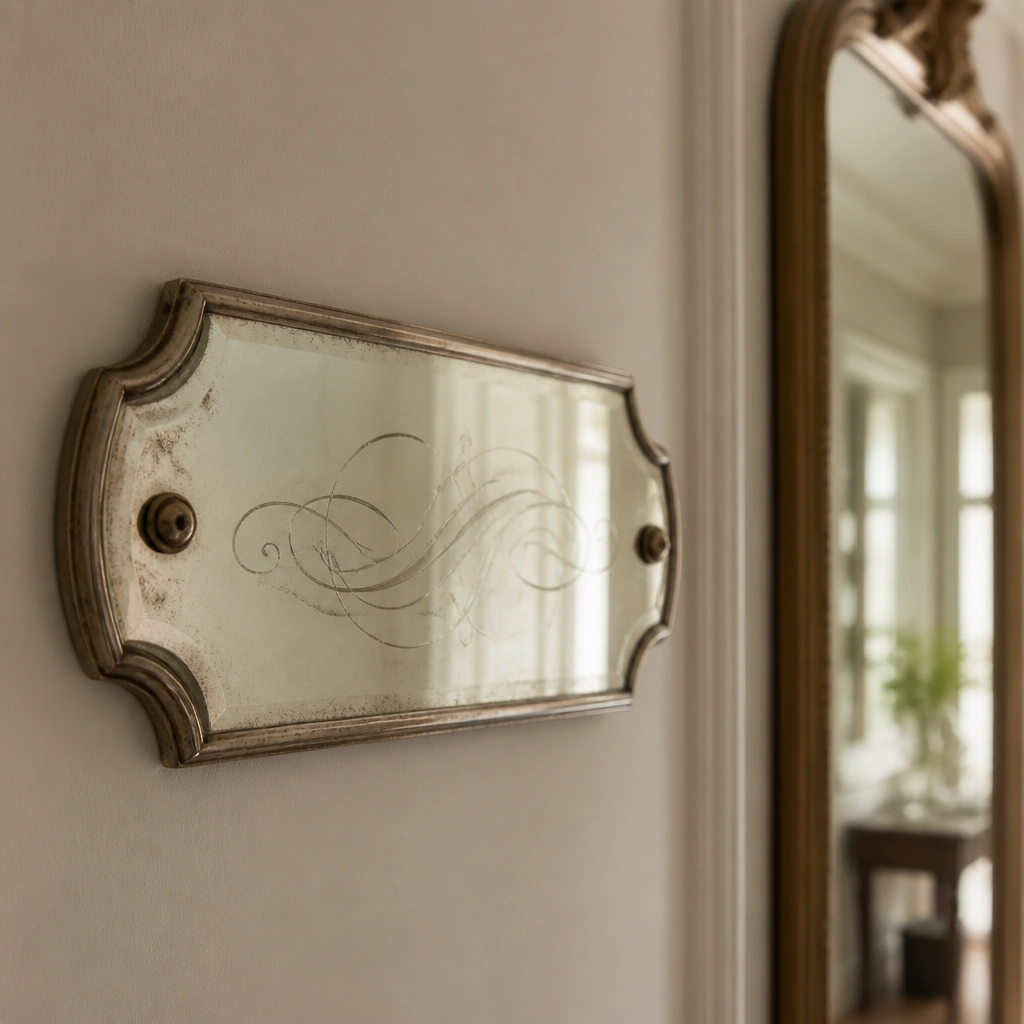 An aged mirror name plate with subtle tarnished edges and etched cursive lettering, mounted near a hallway mirror.