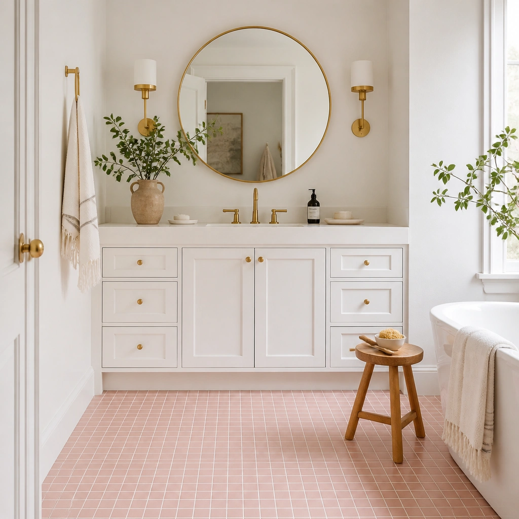 A bathroom with blush pink small square floor tiles in a clean grid, crisp warm white walls, a white vanity, and a round brushed brass mirror centered above a single sink.