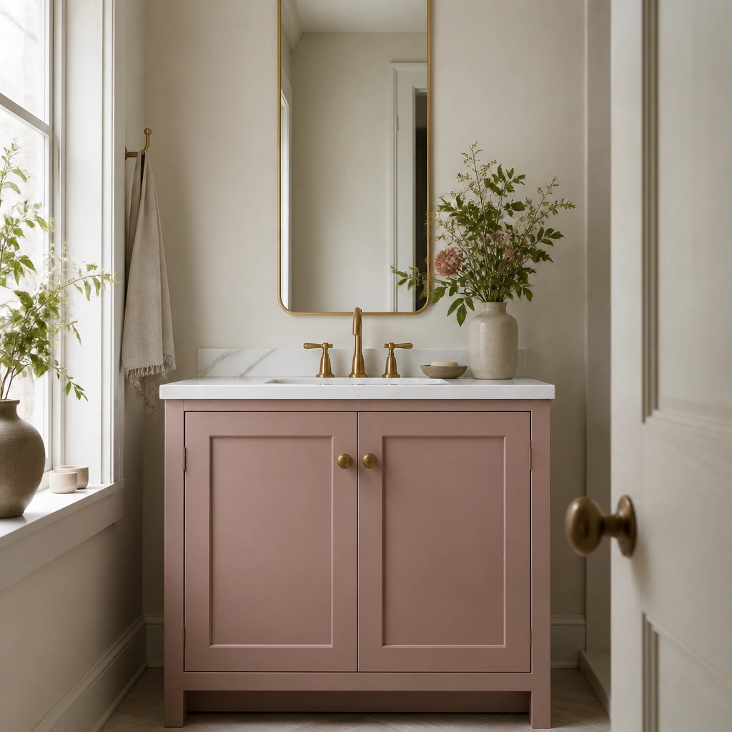A vanity painted dusty rose with shaker-style doors, a white marble-look countertop with gray veining, a tall narrow mirror, and gold-toned faucet and knobs.