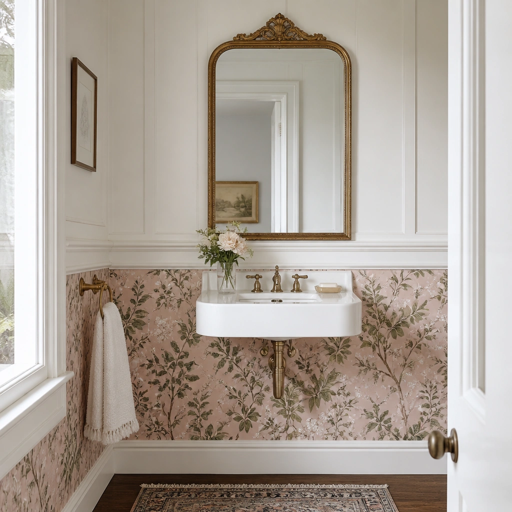 A powder room with pink botanical wallpaper on the lower half of the wall, white wainscoting above it, white trim, and a wall-mounted sink beneath a gold framed mirror.