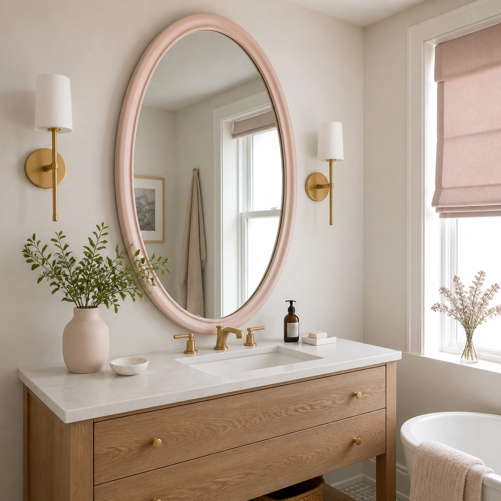 A bathroom corner with an oversized oval mirror in a soft blush-pink frame, a light wood vanity, white countertop, and brushed brass sconces flanking the mirror.