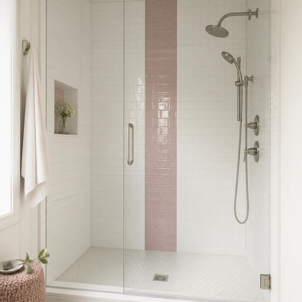 A tiled shower with white main tiles and a vertical band of pink glass subway tiles, clear glass door, and brushed nickel shower fixtures.