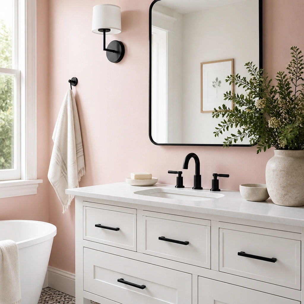 A bright bathroom with soft pink walls, a white vanity, matte black faucet and drawer pulls, and a black-framed mirror above a simple soap dish.
