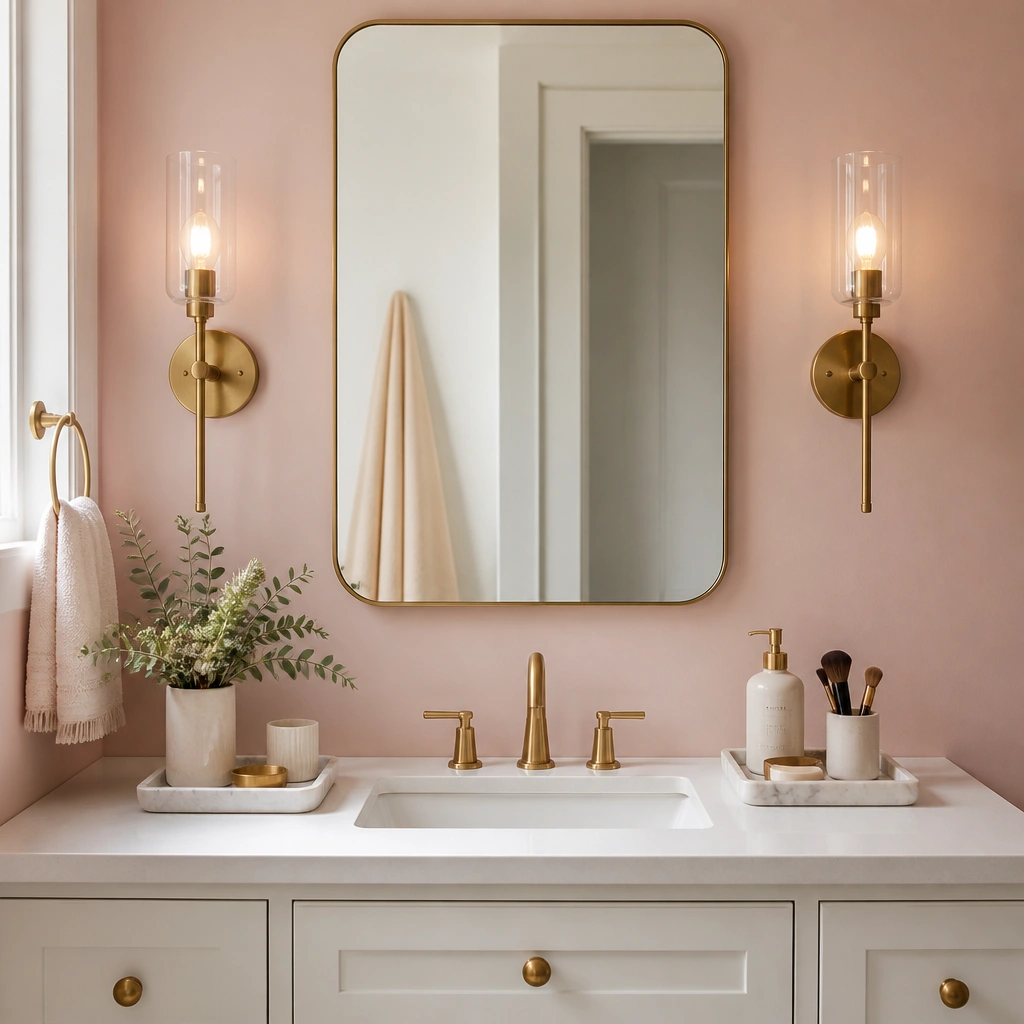 A vanity wall with two champagne brass sconces, warm white bulbs, a blush-pink wall behind a white sink, and small marble-look trays for styling.