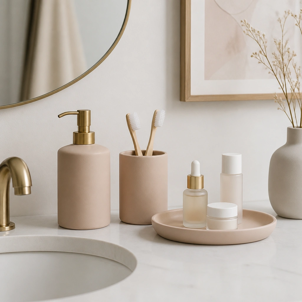 A clean vanity with a matte blush ceramic soap dispenser, matching toothbrush holder, a small tray for skincare, and a white countertop with a single framed print.