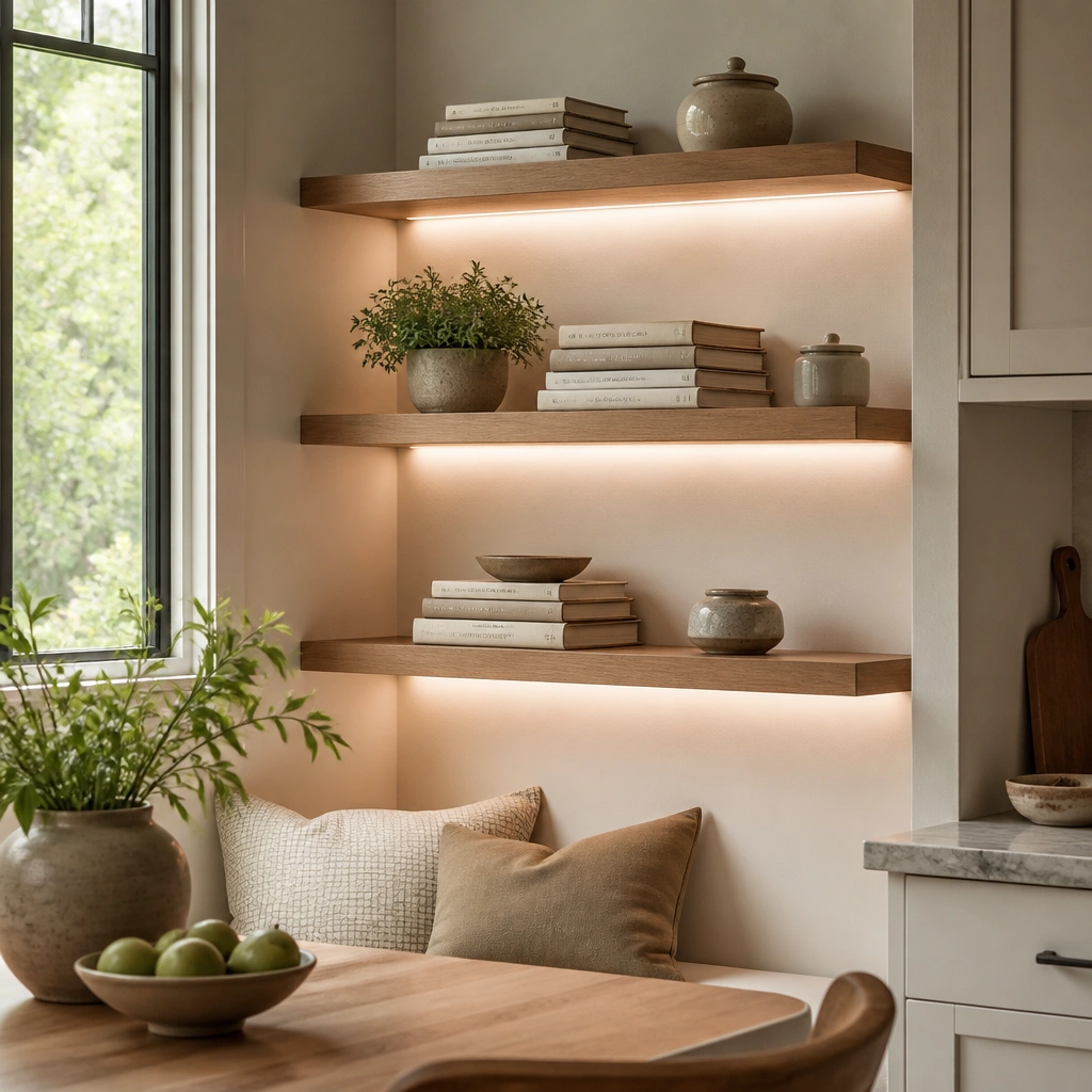 Three floating shelves in a kitchen dining nook, each shelf holding stacked cookbooks and a small ceramic jar; warm white LED strip lighting runs underneath each shelf edge, creating a soft glow on the wall.