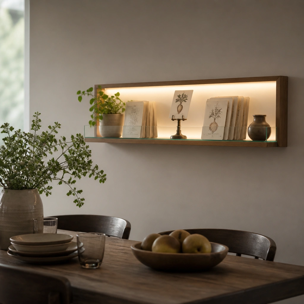A floating glass shelf with a thin wood frame mounted above a dining table; a hidden LED strip shines through the back panel, highlighting recipe cards and a small brass stand.