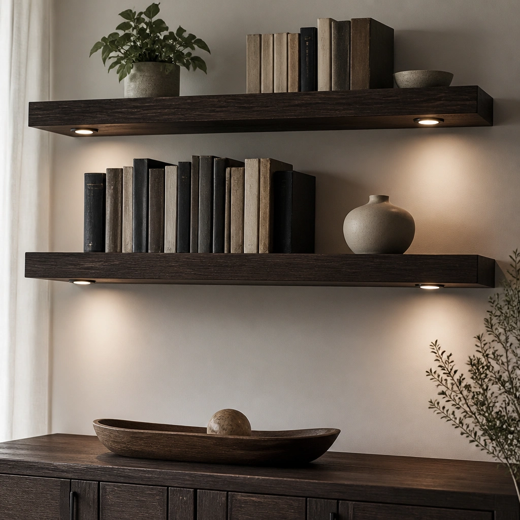 Two floating black walnut shelves with a dark finish; three small round puck lights are mounted at the shelf ends, shining down onto book spines and a minimal ceramic vase.