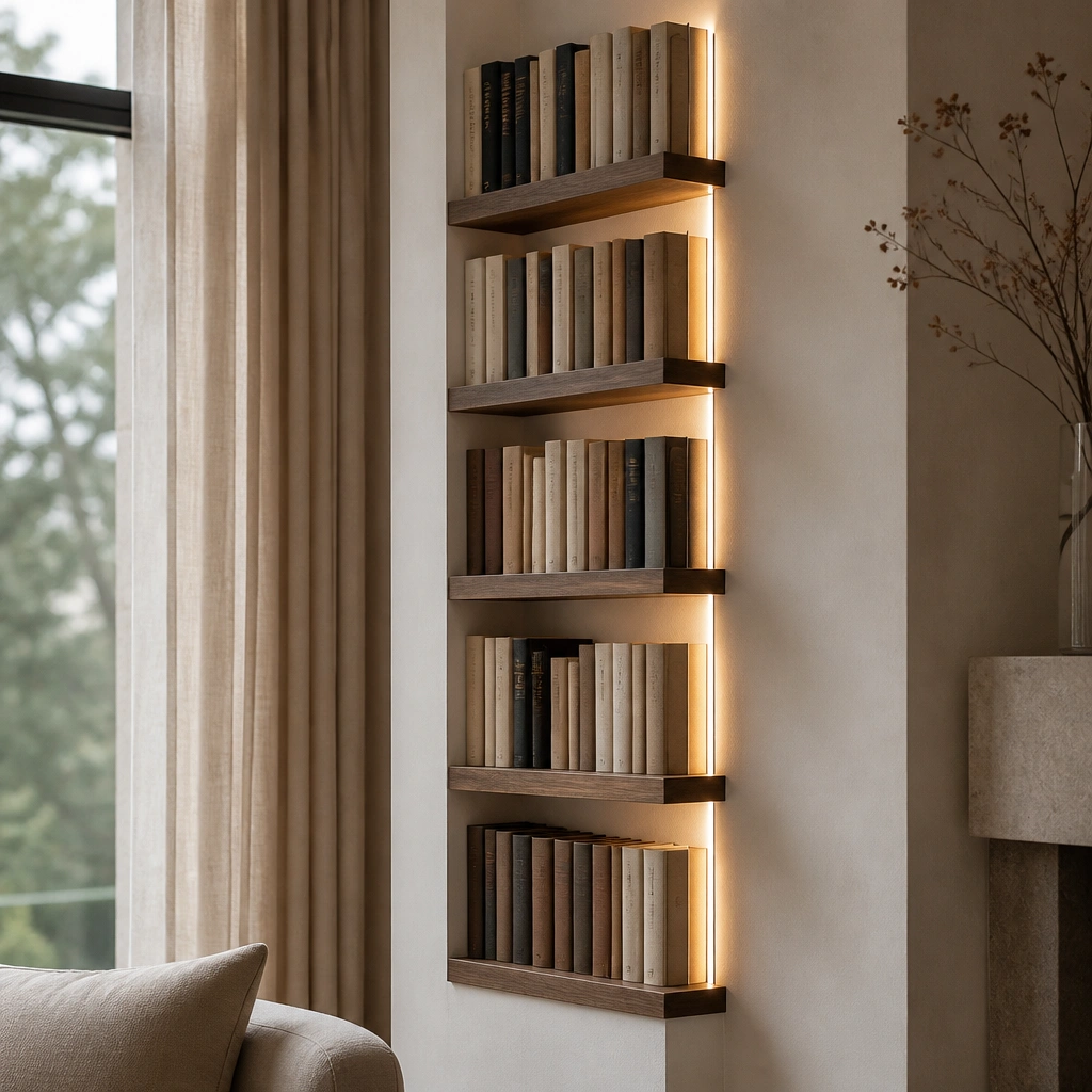 A tight vertical arrangement of narrow floating shelves (about 5-6 inches deep) each holding a single row of books; a thin rope light sits inside a recessed channel, glowing along the inside edge.