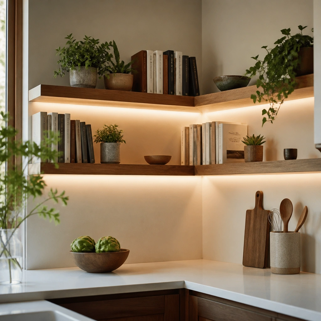 Floating shelves wrap around a kitchen corner; LED strip lighting runs along the back wall of the corner, lighting books and small plants on both sides.
