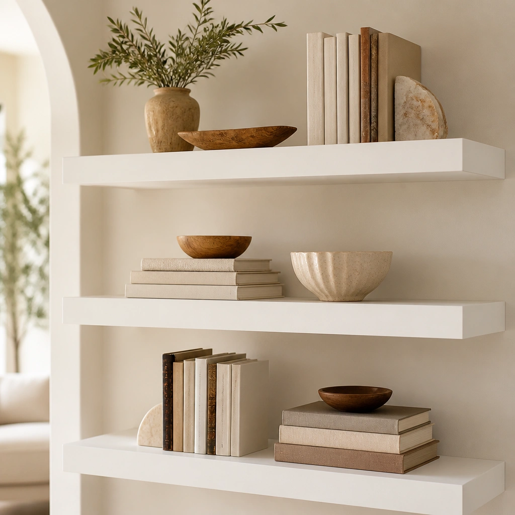 Bright white floating shelves on a light neutral wall; books and small serving bowls sit neatly; the lights appear consistent and warm, with no blue tint.