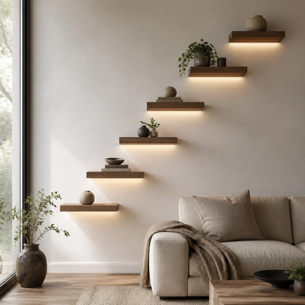 A staggered ladder of floating shelves rising up the wall; each shelf has a subtle under-light glow, making the steps look like a gentle staircase.