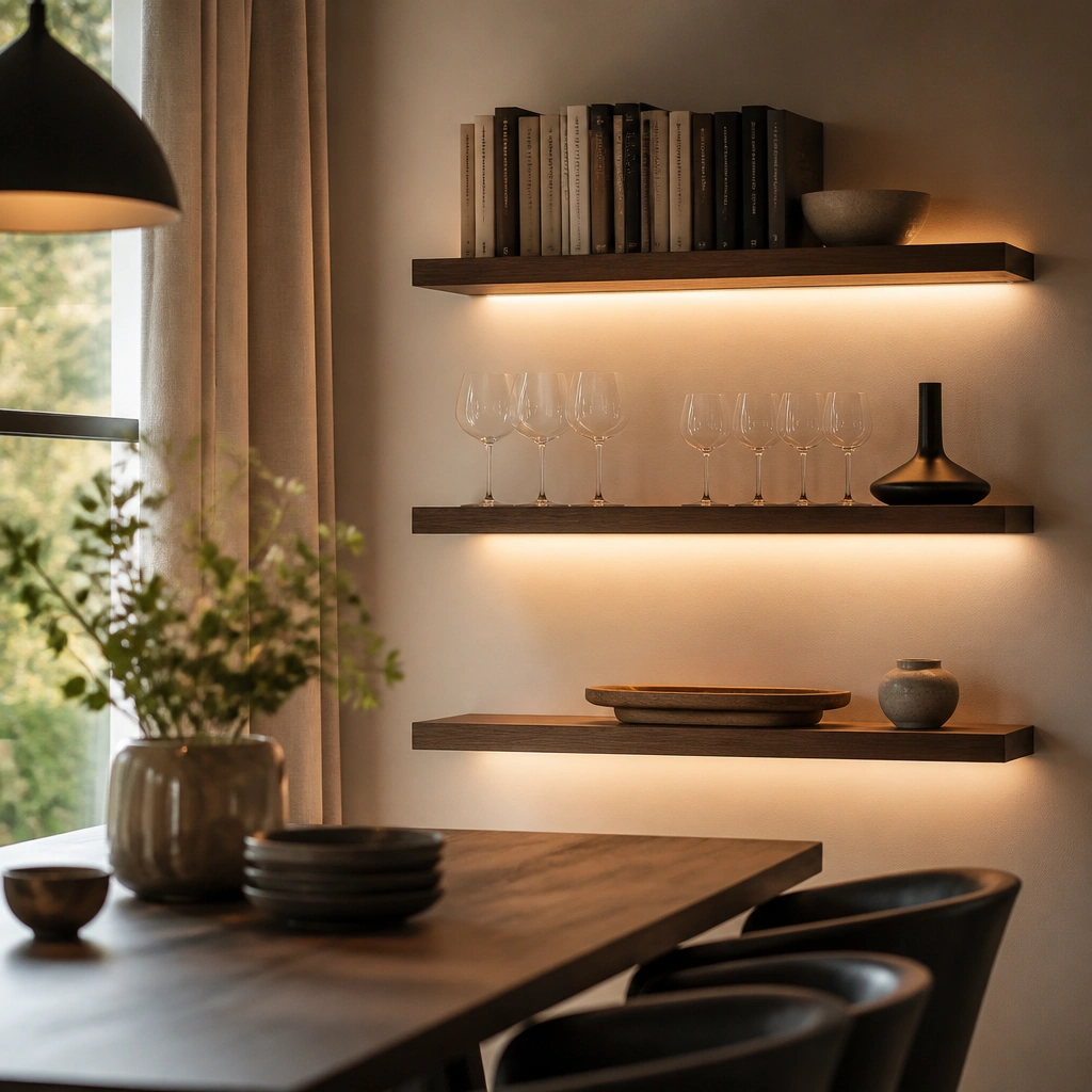 A dining wall with floating shelves holding cookbooks, wine glasses, and a small tray; the LED glow looks adjustable and softer than typical overhead lighting.