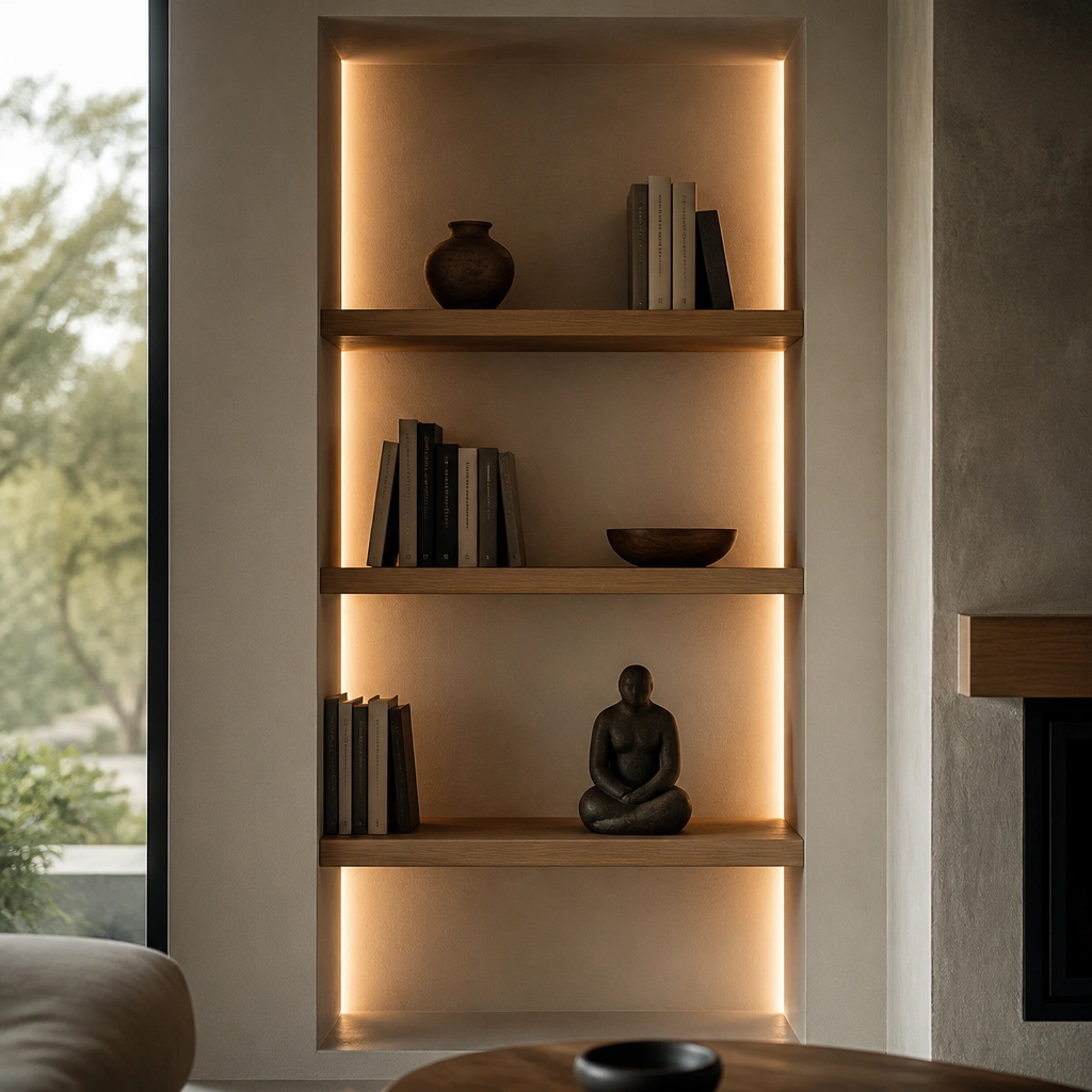 A recessed wall niche holding floating shelves; thin LED lines glow from the sides of the niche, casting dramatic highlights on book spines and a small sculpture.