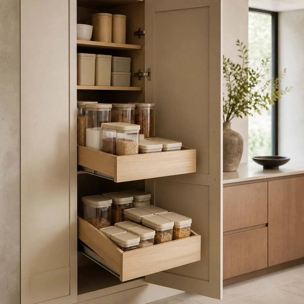 A tall beige pantry cabinet with two pull-out trays fully extended. The cabinet doors are matte beige, and the trays have light natural wood shelves with labels on the front edges. A few beige-lidded containers sit neatly in rows.