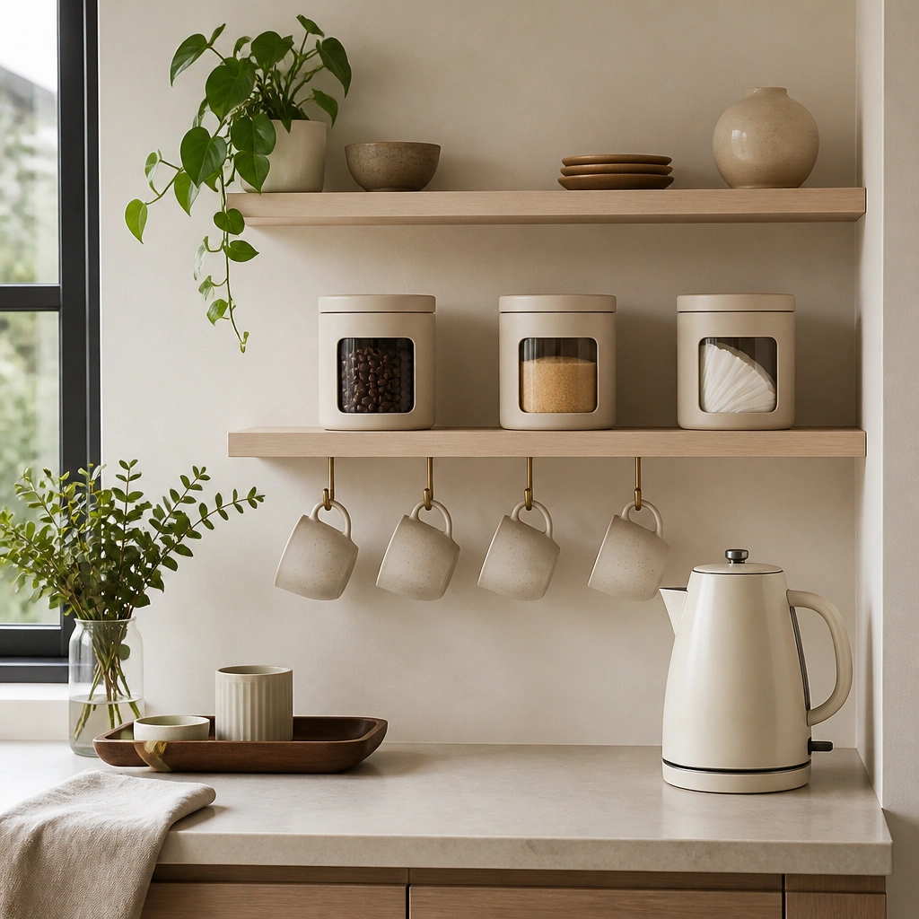Light beige open shelves mounted above a small coffee corner. A few cups hang from hooks, while coffee beans, sugar, and filters sit inside matching beige canisters. The counter below is tidy with a small tray and a cream-colored electric kettle.