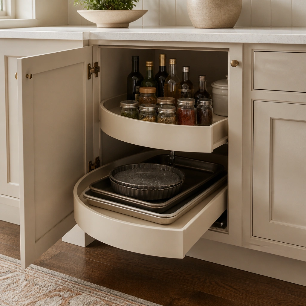 A beige corner cabinet with a circular Lazy Susan pulled halfway out. The rotating shelves are beige laminate, with bronze-colored hinges and a bronze knob. Inside are neatly stacked oils, spices, and baking sheets.