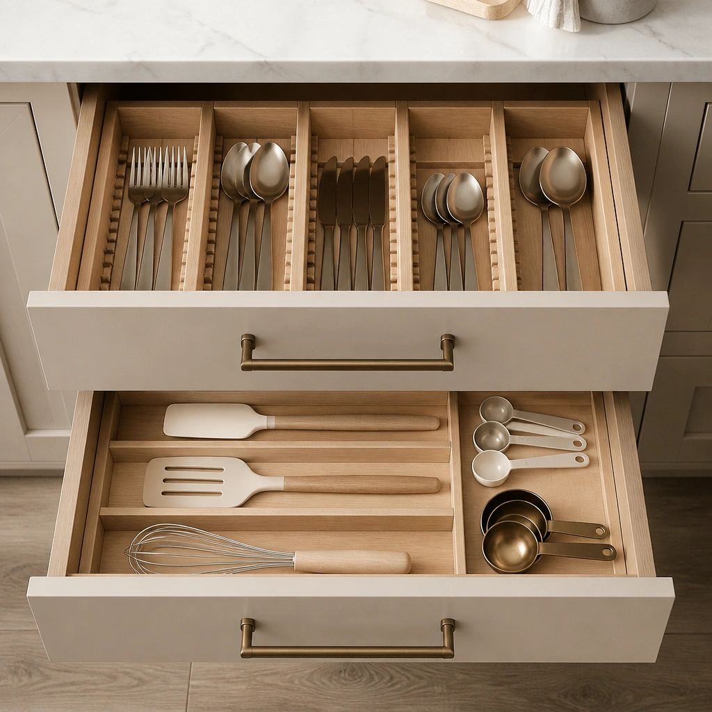 Two beige drawers with custom-looking dividers. The top drawer has adjustable slots for utensils, and the lower drawer has a shallow organizer for spatulas and measuring spoons. Everything is aligned and visible.
