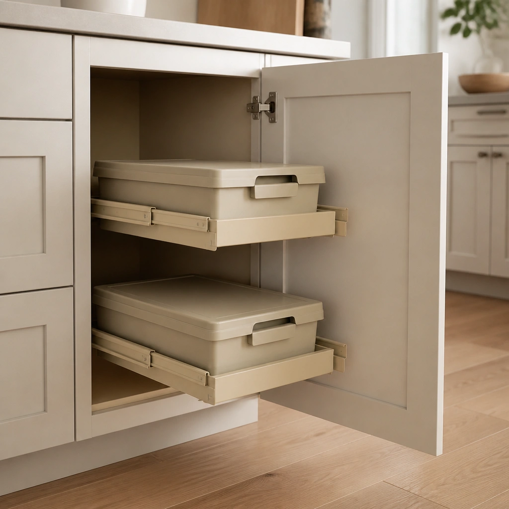 A base cabinet with the door open, showing two pull-out bins on beige tracks. The cabinet interior matches the beige finish, and the bins have lids and easy-grip handles. The surrounding cabinetry looks seamless.