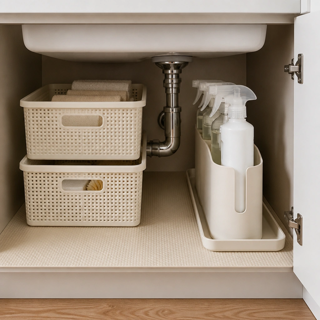 Under the sink cabinet with beige baskets stacked neatly. A vertical holder keeps spray bottles upright, and a small tray catches drips. The cabinet floor is lined with a light beige waterproof mat.