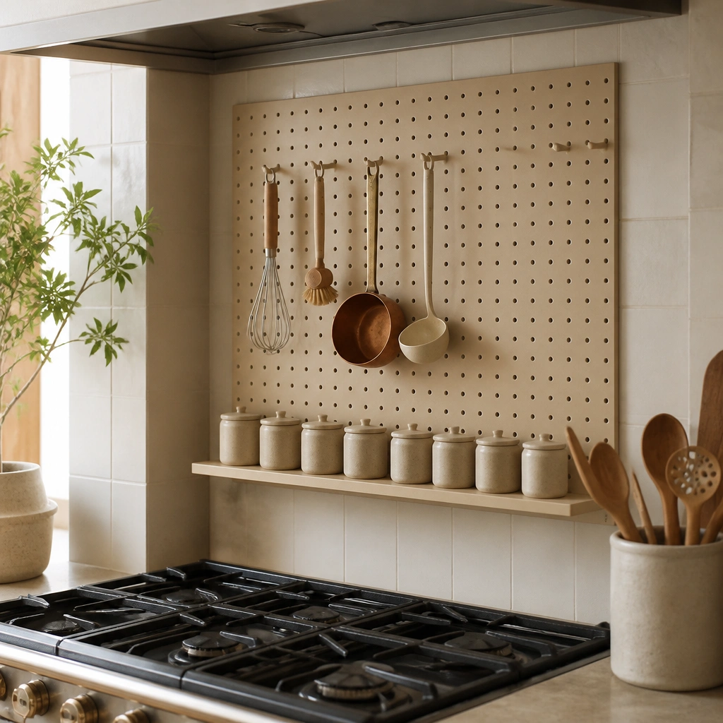 A beige pegboard mounted behind a stove area. Small hooks hold a few utensils, while a row of matching beige spice jars sits on a ledge shelf. The backsplash around it is a soft cream tile.