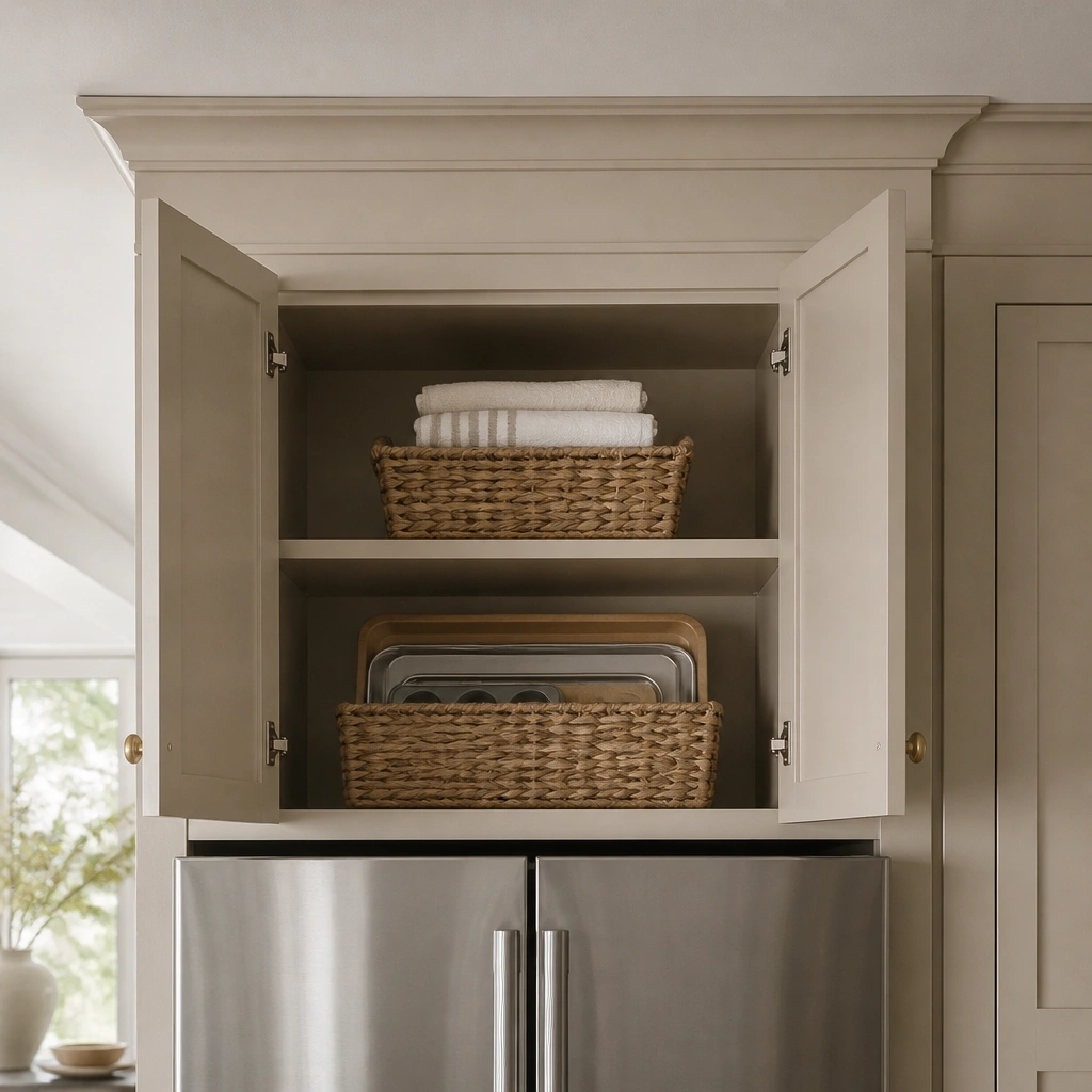 A beige cabinet installed above a refrigerator, with soft-close doors. Inside are baskets for serving trays and extra dish towels. The top area blends into the surrounding cabinetry with matching beige paint.