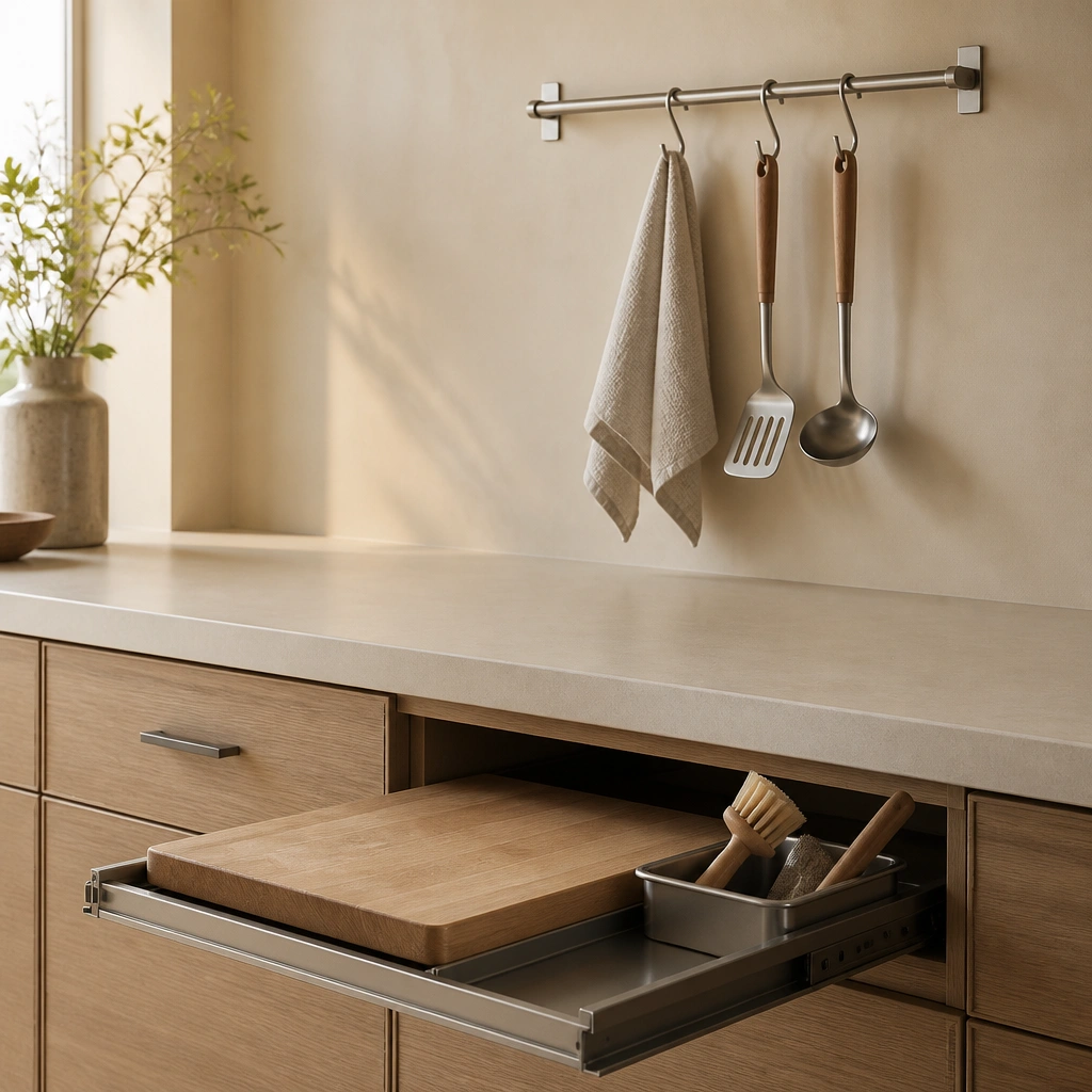 A beige kitchen wall with a metal rail and hooks holding a towel and a couple of utensils. Below, a pull-out tray extends from a base cabinet, holding a cutting board and a small container for everyday tools. The counter surface stays mostly clear.
