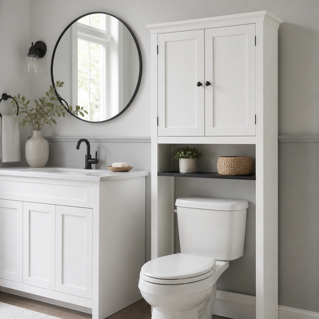 A white over-toilet cabinet with two framed doors, soft-close hardware, and a small black shelf inside; behind it is a light gray half-wall and a round mirror above a white vanity.