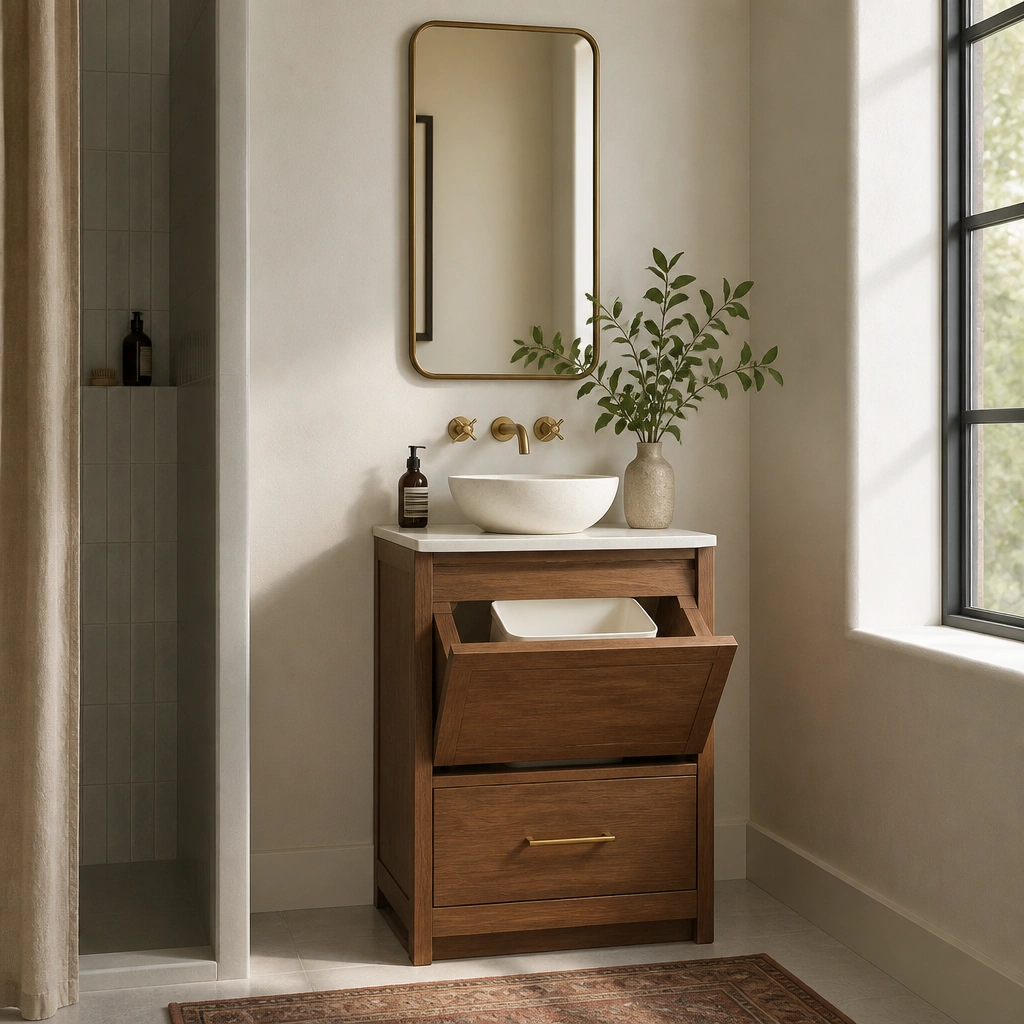 A narrow, tall vanity in warm wood with a white countertop; below are a pull-out trash bin and a deep drawer with a simple brass handle; the mirror is wall-mounted above.
