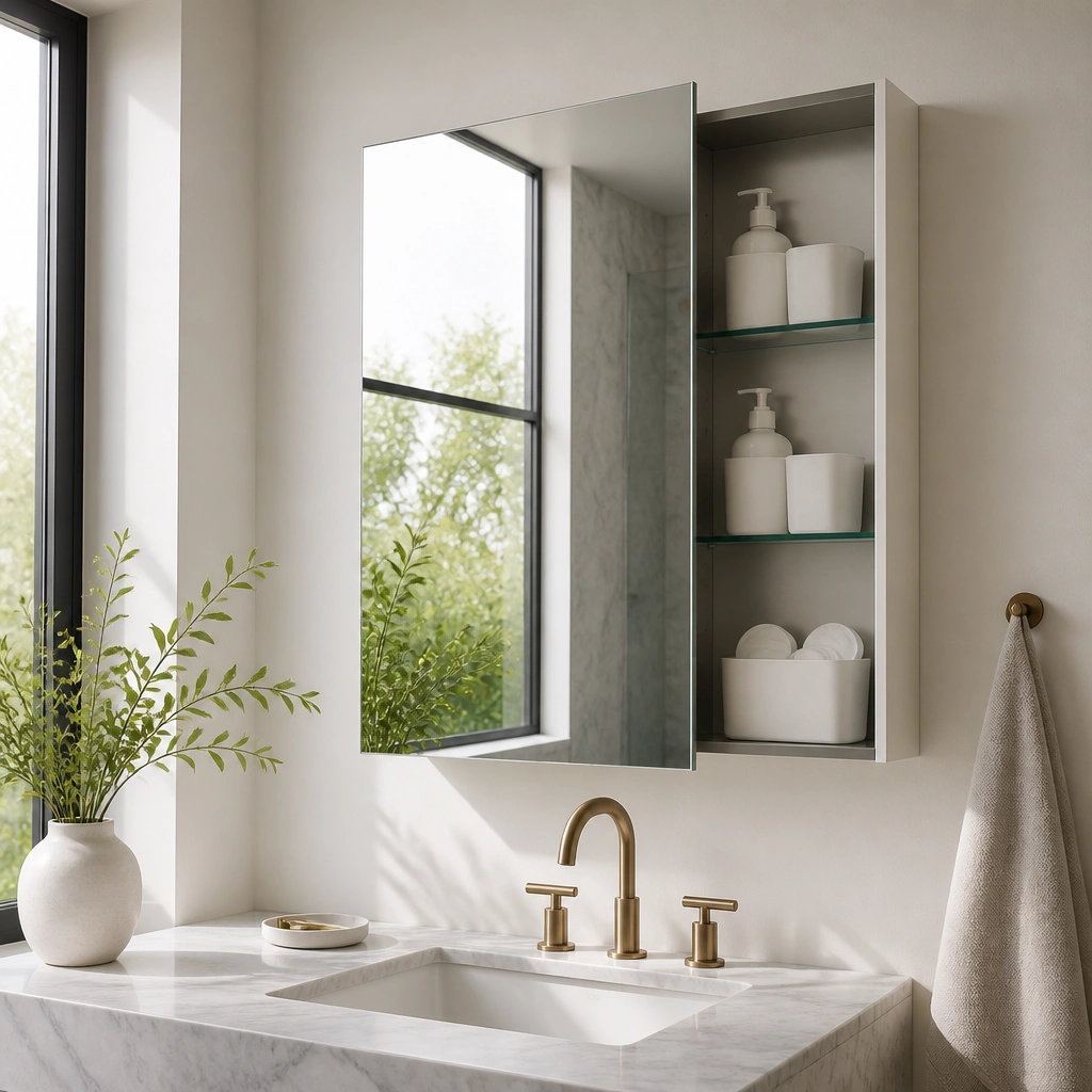 A frameless mirror with a mirrored cabinet behind it; inside are adjustable shelves with small white bins for hand soap, lotion, and cotton rounds.