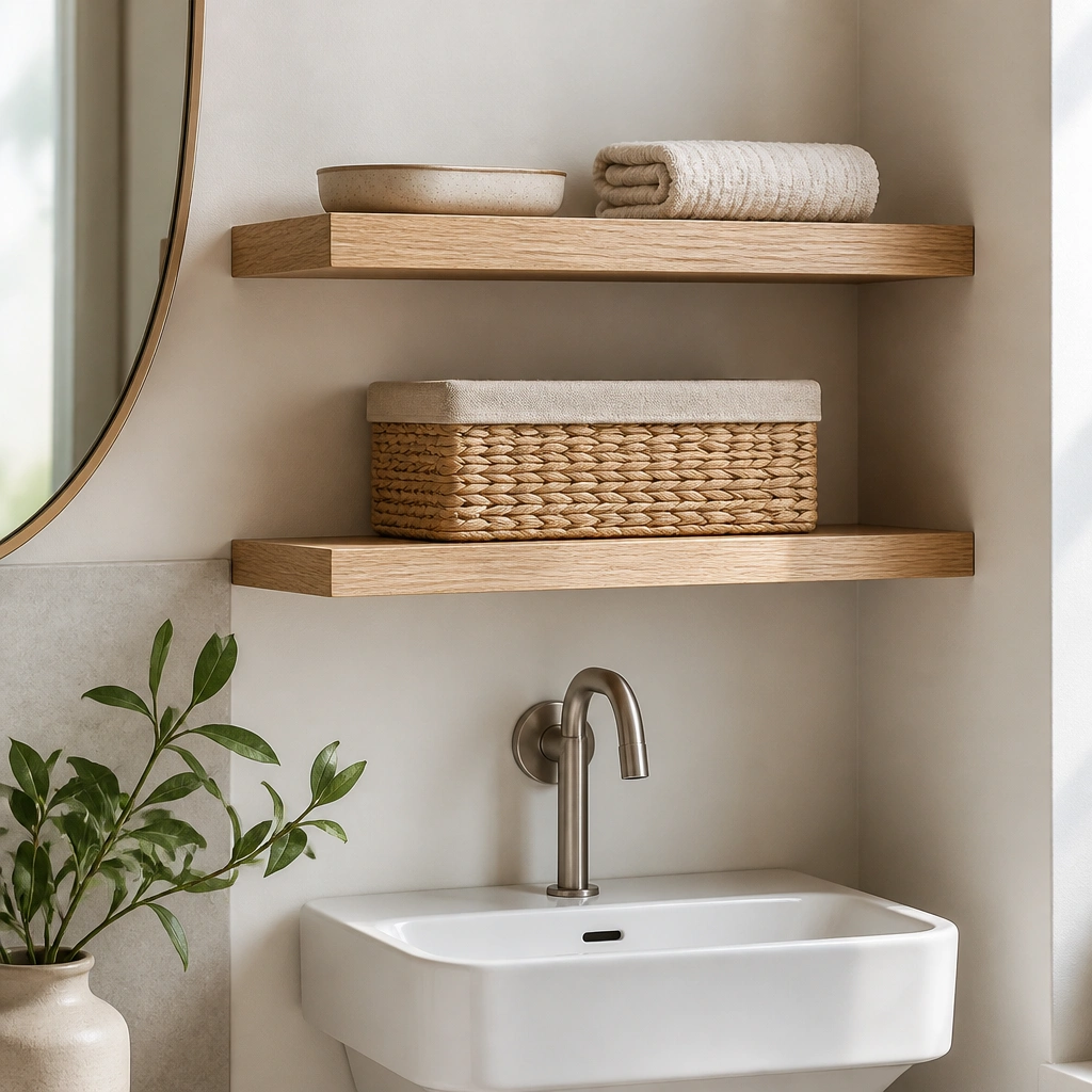 Two floating shelves in light oak above a small white sink; on the top shelf are a ceramic tray and a folded hand towel, while the lower shelf holds a woven basket with a neutral fabric lid.