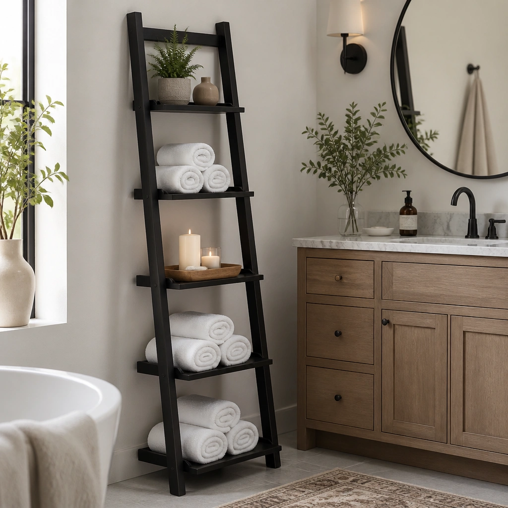 A slim black ladder-style shelf leaning against the wall next to the vanity; shelves hold neatly rolled white towels and a small wooden tray with candles.