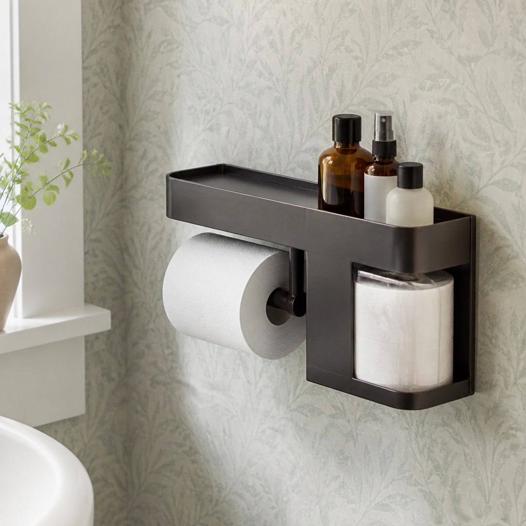 A wall-mounted toilet paper holder with a built-in side caddy; inside the caddy are small bottles and a spare pack of toilet paper; the wall is covered in a subtle peel-and-stick wallpaper.