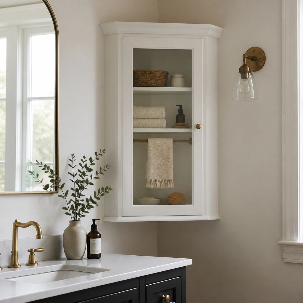 A corner wall cabinet with a glass door and a white frame; inside is a small towel bar and shelves; it’s positioned above a dark vanity with a brass faucet.