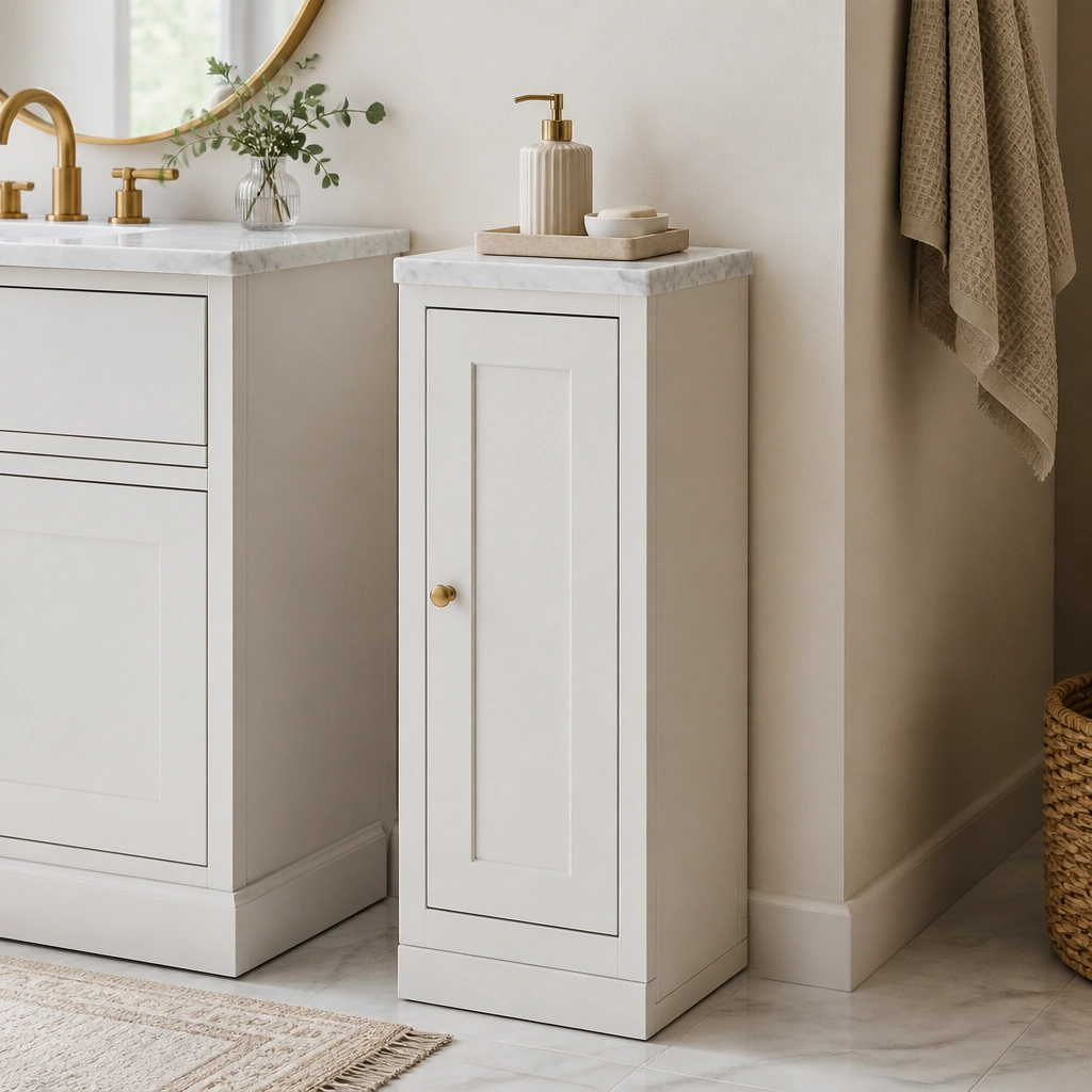A narrow side cabinet in white with a marble-look top placed beside a compact vanity; the cabinet doors hide shelves, and the top holds a small tray and a soap dispenser.