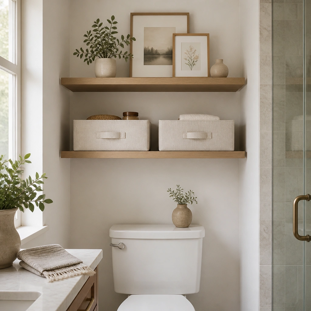 A wall with two open shelves above the toilet; each shelf holds drawer-style fabric baskets on the bottom and small framed art on top; the baskets are in a neutral linen color.