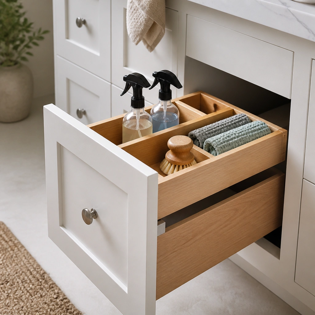 Inside a vanity base drawer, a pull-out organizer tray holds spray bottles, a scrub brush, and microfiber cloths; the exterior is a simple white shaker vanity with a soft matte finish.