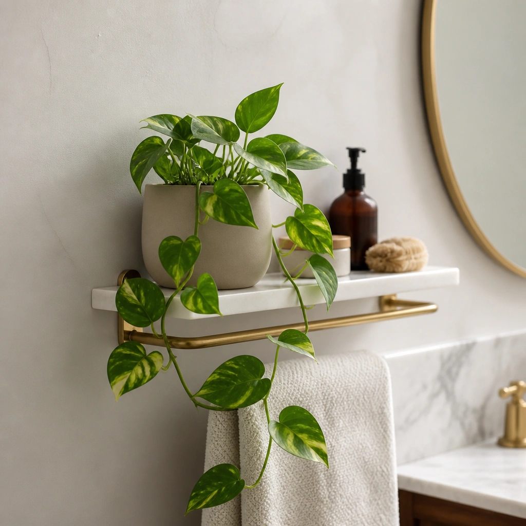 A narrow bathroom wall shelf with a small trailing pothos in a matte ceramic pot. The plant spills over the shelf edge above a folded towel, with a slim brass rail supporting the shelf.