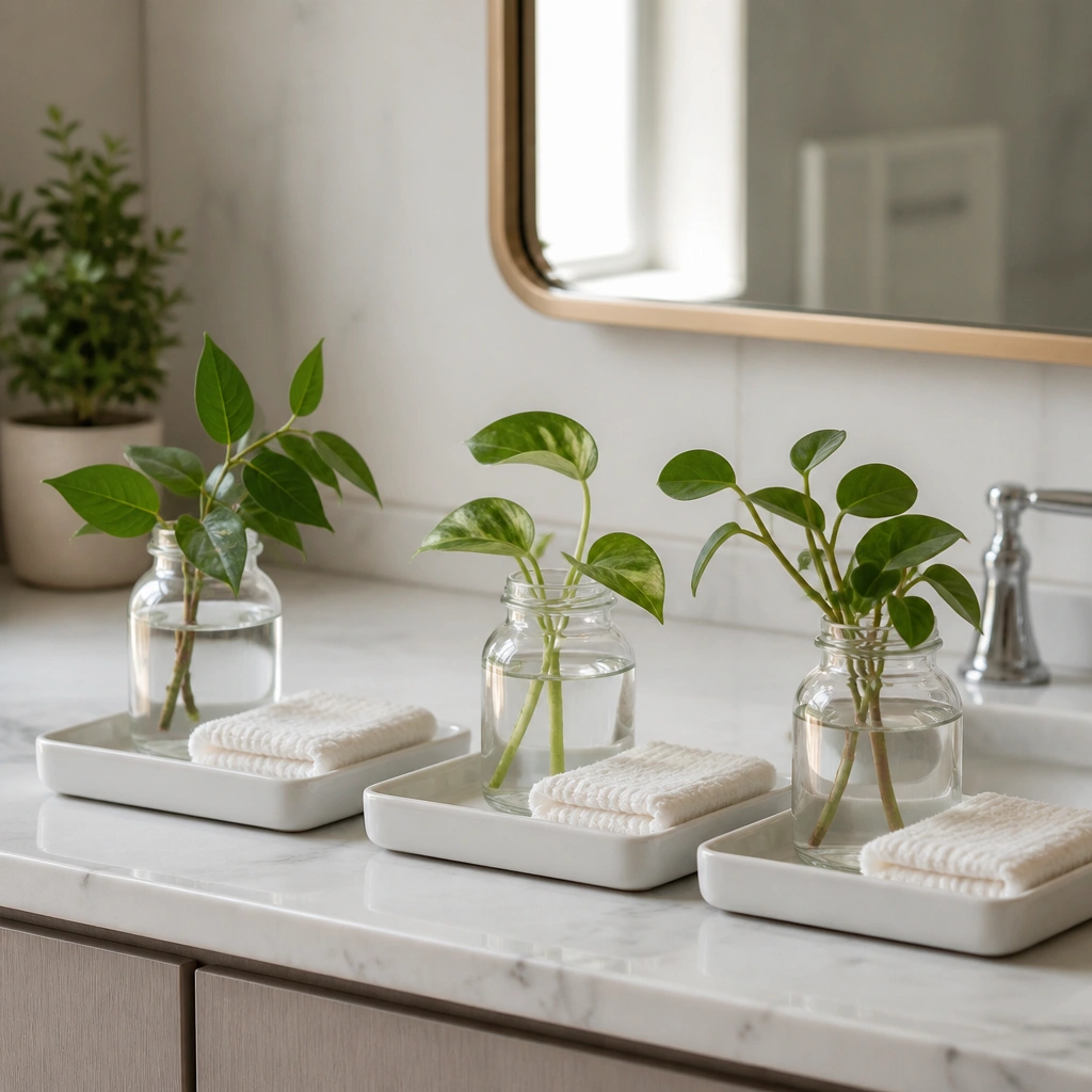 Three clear glass jars on a bathroom counter holding small leafy cuttings with labels. Each jar sits on a matching tray, and the tray also holds a folded washcloth.