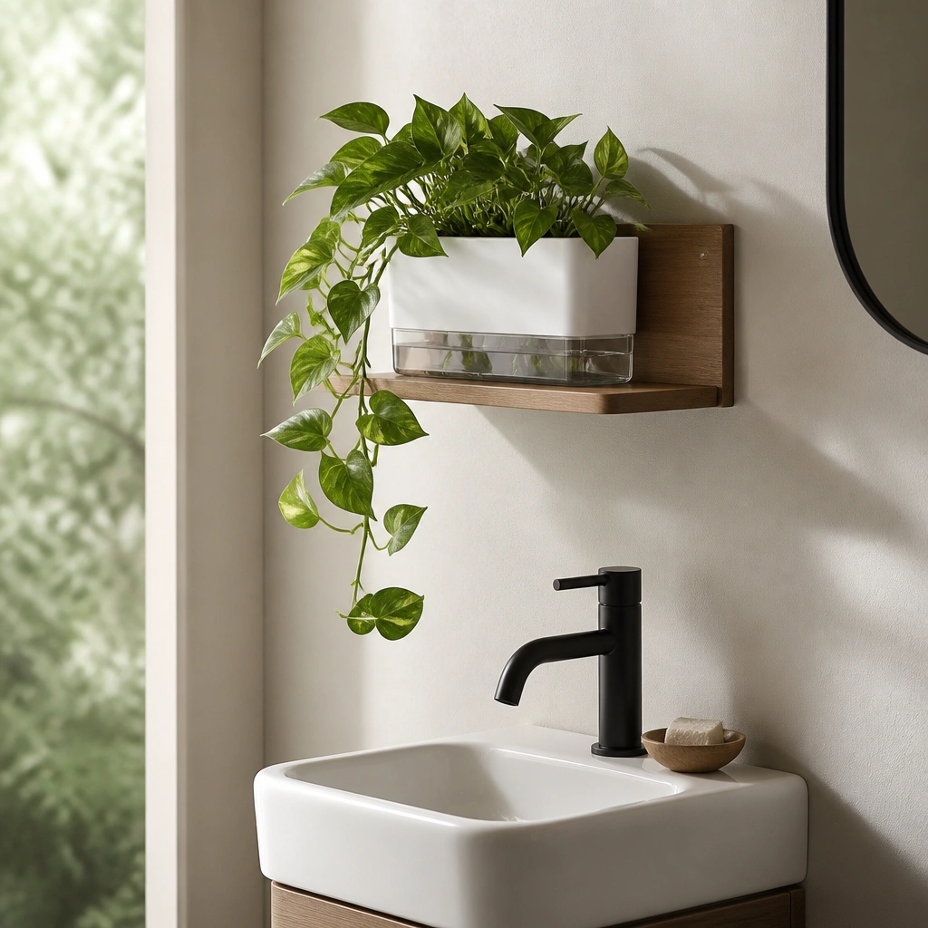 A small wall shelf with a mounted planter box above a compact sink. The planter has a visible reservoir base and a single pothos plant trained to trail downward.