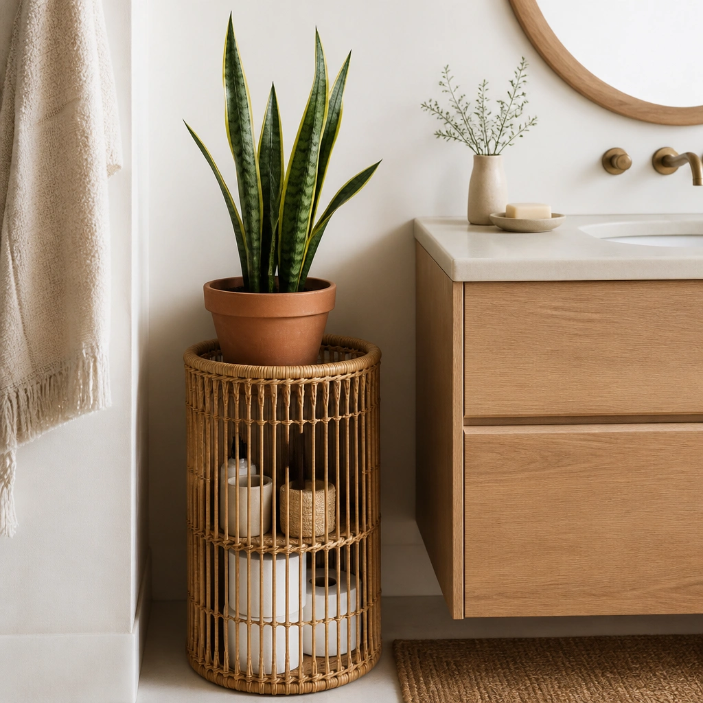 A tall rattan basket next to a vanity with a snake plant in a terracotta pot on top. The basket holds toilet paper and small toiletries, and the green leaves rise above the rim.