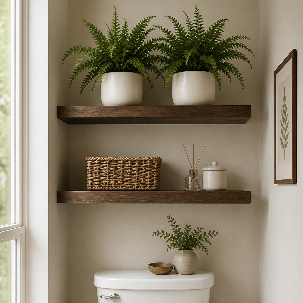 Two floating shelves above a toilet area. Ferns in identical white ceramic pots sit on the upper shelf, with a small framed botanical print on the side wall.