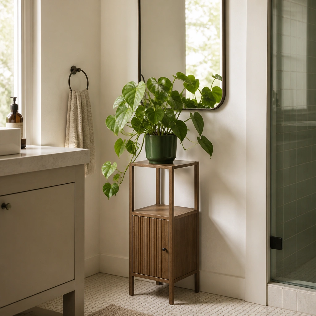 A slim plant stand beneath a bathroom mirror holding a medium-size philodendron in a dark green pot. The plant sits above a closed cabinet, and the mirror reflects the leaves.