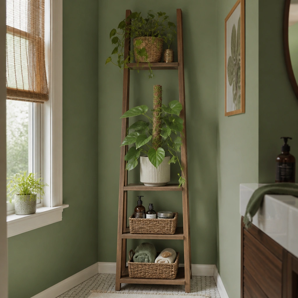A narrow ladder shelf in a green-accented corner. A pothos is wrapped around a moss pole on the middle rung, with small baskets on lower rungs for toiletries.