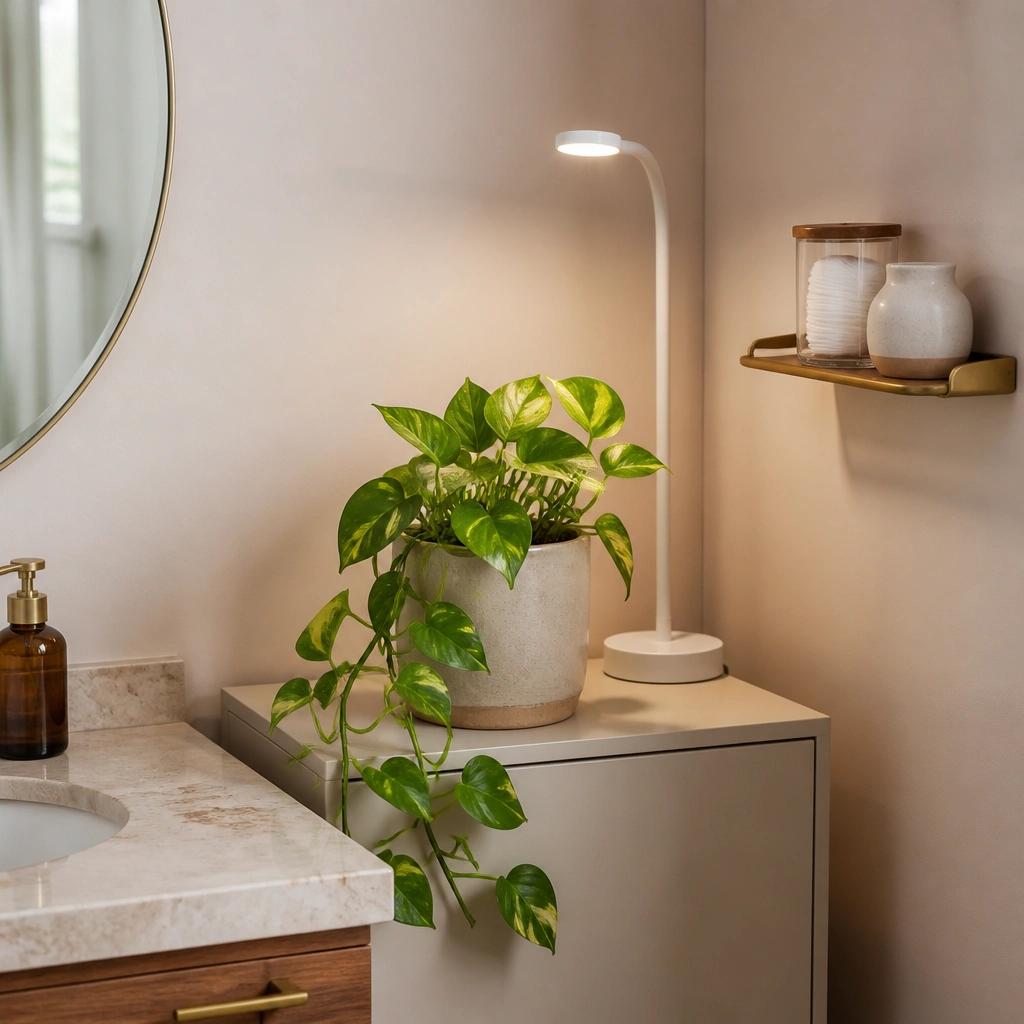 A corner spot near a vanity with a small plant on a cabinet top and a compact grow lamp. The plant is a trailing pothos in a ceramic pot, with a slim shelf holding cotton pads nearby.