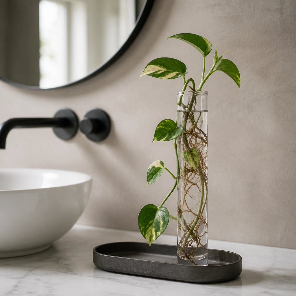 A tall, narrow, water-tight vase on a bathroom counter with roots visible. A small pothos cutting trails down the front, and the vase sits in a flat tray.