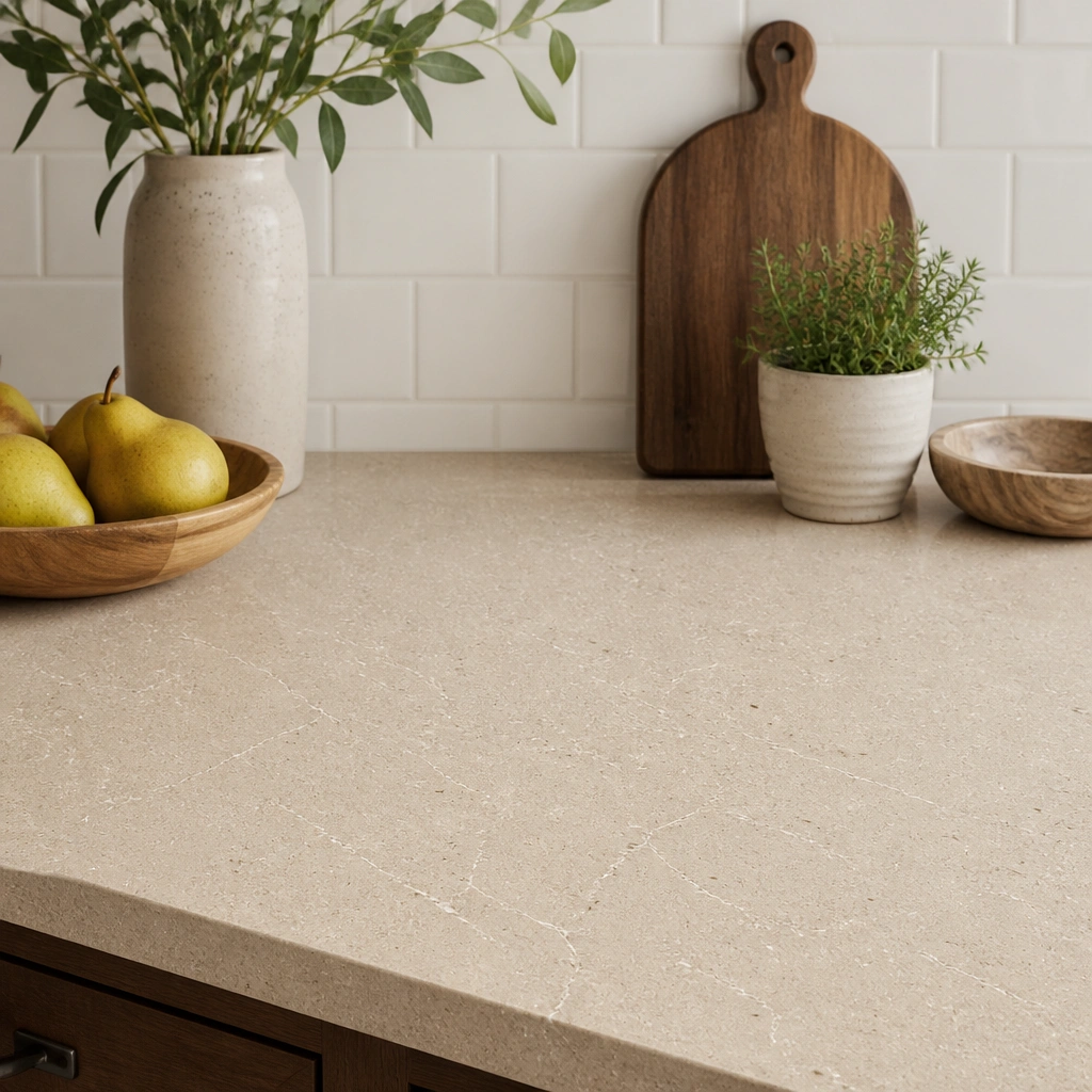 A kitchen counter in warm beige quartz with a subtle, non-glossy matte look; small speckles and vein-like flecks run throughout; backsplash is off-white subway tile.